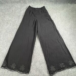 VTG Y2K Alamia Pants Women M 26x29.5 Black Linen Blend Embroidered Boho Fairy
